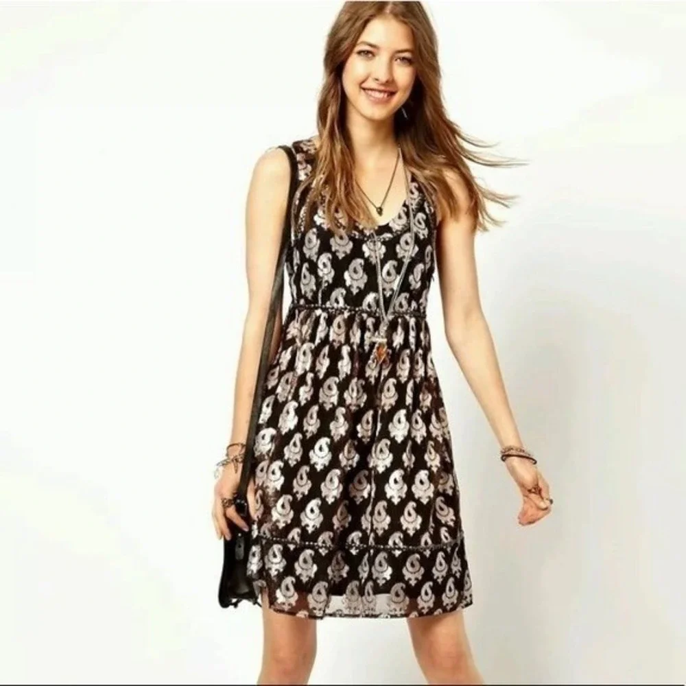 Free People Dress Womens 4 Sleeveless Metallic Studded Jacquard Mini Boho Party